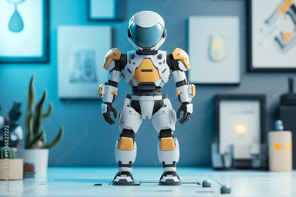 Poster futuristic humanoid robot with white and yellow armor standing upright in a modern tech lab with blu