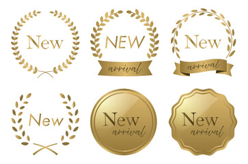 金のメダルと月桂樹の新商品・newを訴求するフレームデザイン素材セット(ベクター 広告 LP バナー リボン あしらい)