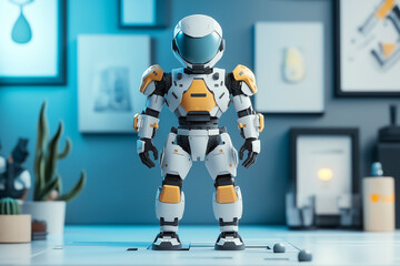 Naklejka premium Futuristic humanoid robot with white and yellow armor standing upright in a modern tech lab with blue-toned decor and minimalistic furnishings.