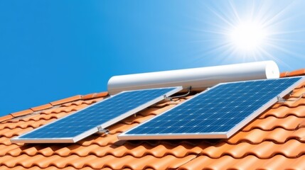 Solar panels installed on a terracotta roof with a solar water heater under bright sunlight and a clear blue sky.