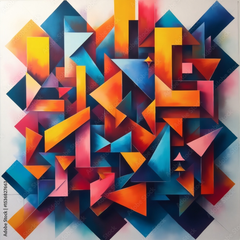 Poster colorful abstract geometric composition with various shapes, forms and colors, creates a vibrant and