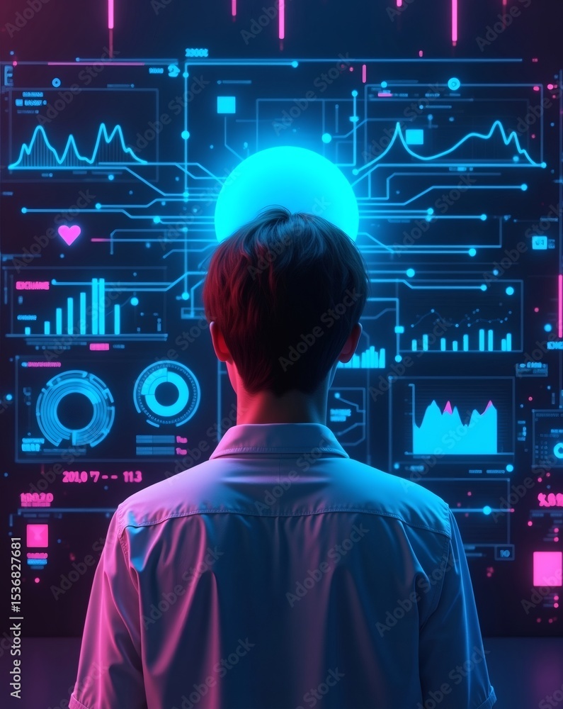 Aufkleber a person standing in front of a futuristic digital interface, observing data visualizations