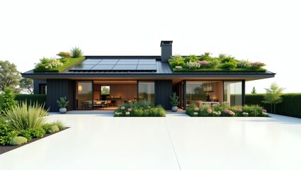 Obraz premium eco-friendly house with green roof and solar panel