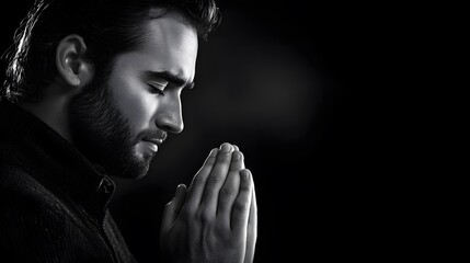 Obraz premium Man Praying in Black and White Dramatic Portrait