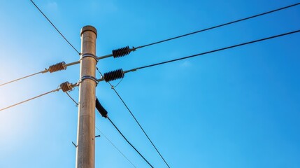 A utility pole with multiple power lines against a clear blue sky on a sunny day.
