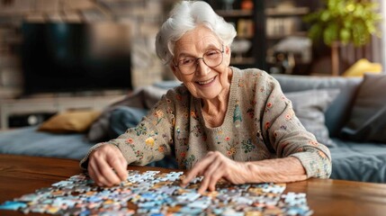 Senior woman focused on solving jigsaw puzzle on wooden table, elderly brain exercise and cognitive stimulation for memory care and dementia prevention.
