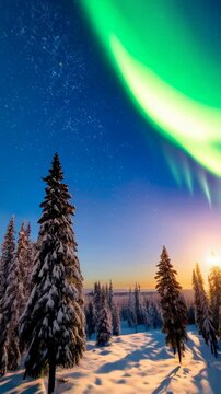 Green and Purple Aurora Borealis Lights Dance Above Snow Covered Trees at Night with a Bright Horizon Glow Displaying Nature's Beauty