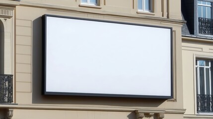 A large blank billboard mounted on the exterior wall of a beige building between windows.