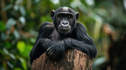Obraz premium Chimpanzee portrait atop log, looking directly at viewer, with foliage background