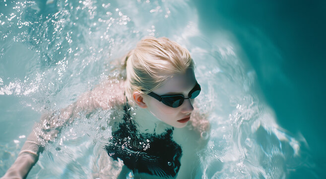 Elegant Woman Swimming in Clear Water Wearing Sunglasses During Sunny Day - Powered by Adobe