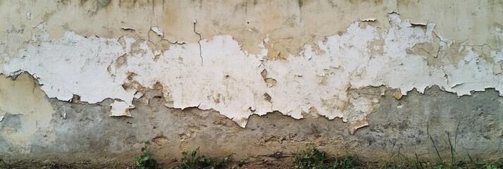 A weathered wall with peeling beige and white paint, showing cracks and rough texture above a patch of green grass.