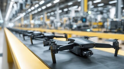 A low-angle view of newly assembled drones on a factory production line.