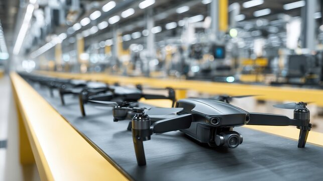 A low-angle view of newly assembled drones on a factory production line.