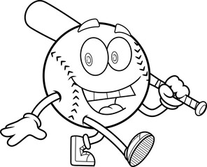Black And White Baseball Cartoon Mascot Character Holding Bat And Running Cheerfully