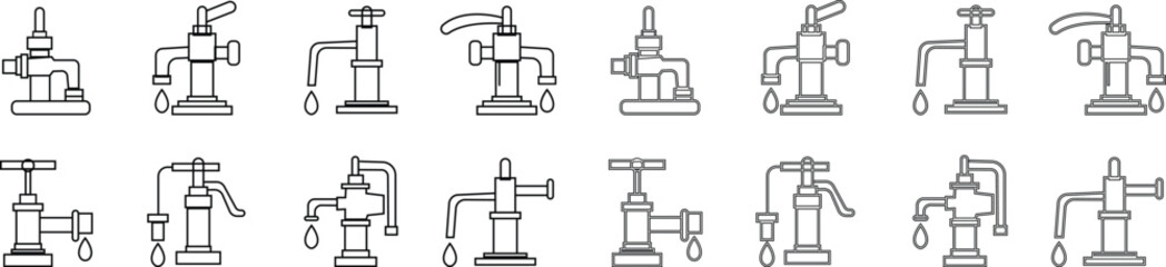 Manual Hand Pressure Pump Silhouette Icon set, Water pump icons, Irrigation Vector Line art - Simple Thin Line Premium Quality Design Monochrome Elements, The pumping station where water is pumped