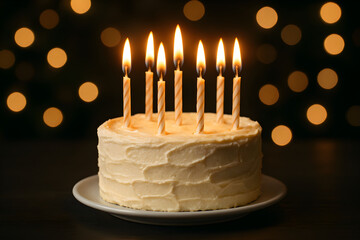Birthday cake with burning candles and golden bokeh background