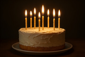 Birthday cake with lit candles on dark background