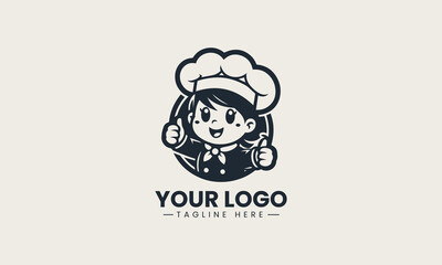 Smiling cartoon female chef character in tall white hat showing thumbs up vector logo illustration design