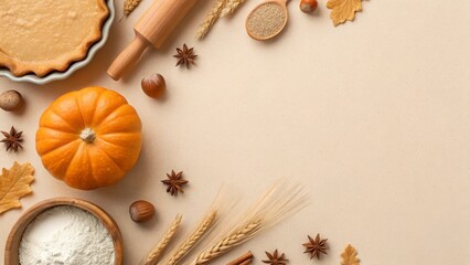 Autumn baking ingredients flat lay with pumpkin pie and copy space
