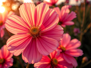 Close-up of blooming pink cosmos flowers at sunset, perfect for floral, nature, or garden themes. Generative AI