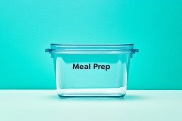 Empty plastic container labeled Meal Prep placed against a turquoise blue backdrop