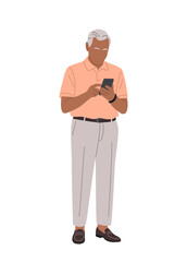 Vector illustration of senior man with gray hair in smart casual summer outfit, standing full length and using smartphone, isolated on transparent background. Perfect for lifestyle and tech themes