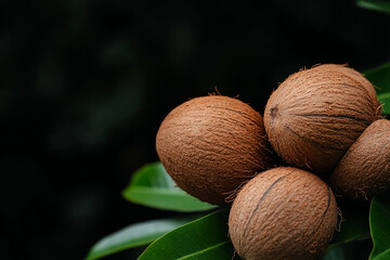 Coconut palm tree with ripe coconuts in tropical setting
