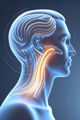 A clean 3D side-profile of a human head and neck showing an open glowing airway with airflow lines moving freely