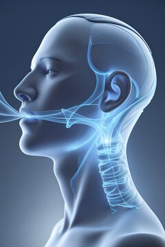 A clean 3D side-profile of a human head and neck showing an open glowing airway with airflow lines moving freely
