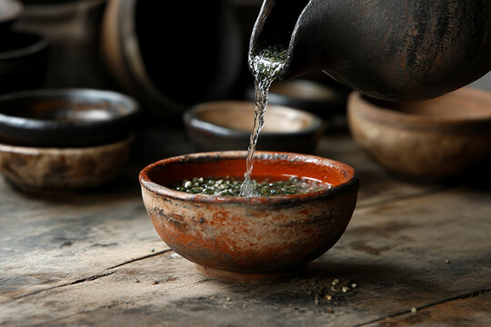 Coconut water pours into traditional clay cup on rustic table - Powered by Adobe