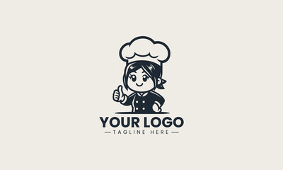 Adorable cartoon female chef wearing big white hat giving thumbs up with happy smile vector logo illustration design