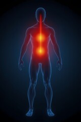 A full-body human silhouette with soft glowing temperature gradients moving from the core (warm red and orange) to the extremities (cool blue) visualizing thermoregulation and heat flow