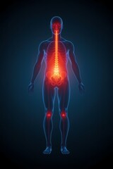 A full-body human silhouette with soft glowing temperature gradients moving from the core (warm red and orange) to the extremities (cool blue) visualizing thermoregulation and heat flow