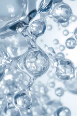 A microscopic abstract visualization of skin cells plumping with hydration shown as glowing spheres absorbing fluid light particles