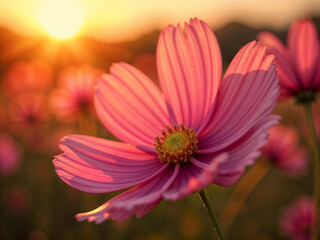 Fototapeta premium Close-up of blooming pink cosmos flowers at sunset, perfect for floral, nature, or garden themes. Generative AI