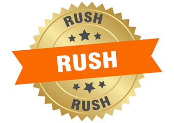 rush. rush round orange and gold label isolated on transparent background