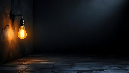 Vintage light bulb glowing warmly on dark textured surface with copy space. Ideal for energy, innovation, idea concepts, or inspirational visual content