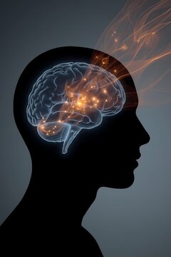 An abstract human head silhouette with dynamic flowing light trails inside the brain representing energy depletion and mental fatigue