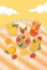 Vibrant flat lay illustration of a colorful summer gathering on a soft woven picnic blanket set against a warm sunny outdoor background with a few fluffy white clouds viewed from directly above featur