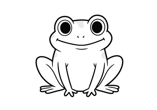 Cartoon frog drawing. It is a black and white outline image of a cute, smiling cartoon frog, depicted in a front-facing, seated pose. Vector sketch line art draw.