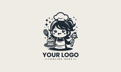 Adorable cartoon girl baking in kitchen while holding small cake and dessert on plate vector logo illustration design