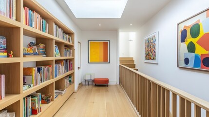 Bright, airy hallway with built-in bookshelves, colourful art, and wooden accents