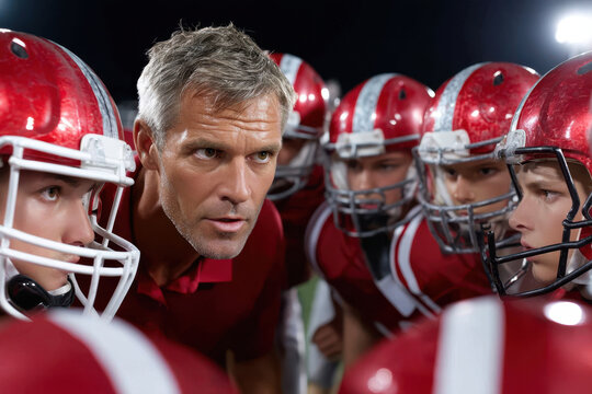 Coach motivating high school football players during intense game preparation at night