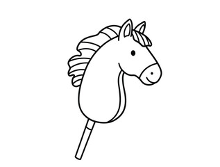 Hobby horse drawing. It is a black and white outline image of a hobby horse, a classic children's toy with a horse head on a stick. Vector sketch line art draw.