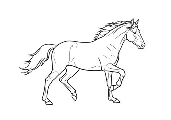 Galloping horse drawing. It is a black and white outline image of a horse in a galloping stride, showcasing its powerful and dynamic movement. Vector sketch line art draw.
