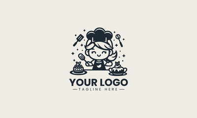 Adorable cartoon girl baking in kitchen while holding small cake and dessert on plate vector logo illustration design