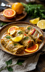 Traditional Balkan Sarma Cabbage Rolls with Citrus Garnish in Rustic Ceramic Bowl