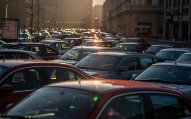 Dazzling Sunlight Reflections Dance Across Windshields During Peak Hour Traffic Congestion