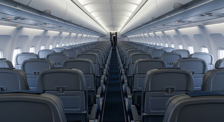 Empty commercial aircraft cabin interior showcasing modern passenger seating and airline design