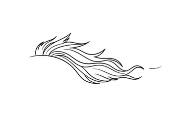 Horse mane drawing. It is a black and white outline image of a horse's flowing mane, suggesting movement and natural elegance. Vector sketch line art draw.